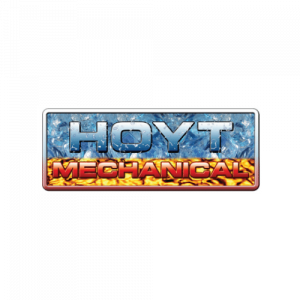 Logo for Hoyt Mechanical, a renowned crane rental provider. The word "HOYT" is in metallic blue font above "MECHANICAL" in fiery red-orange font. The background showcases an icy texture on top and a fiery texture on the bottom, symbolizing strength and versatility.