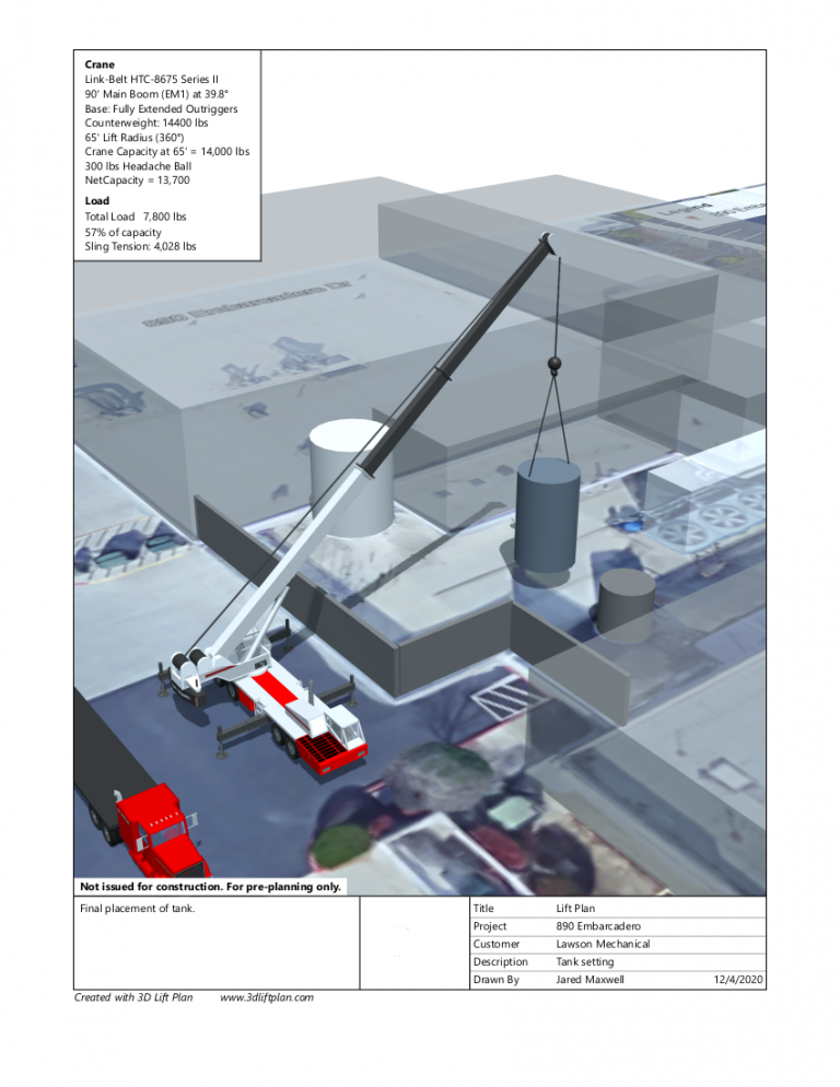 This illustration showcases a mobile crane lifting a tank at a construction site, complete with specifications such as capacity and dimensions. It's annotated with details like radius and boom angle. Labeled "Not issued for construction, for pre-planning only," ideal for crane rentals or planning with your crane company partners.