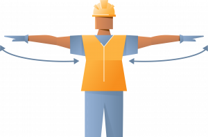 Illustration of a person in a construction helmet and orange safety vest, standing with arms outstretched. Blue arrows point inward to the torso from the hands on either side, suggesting a focus on safety or measurement—an ideal figure representing precision in crane rental services.