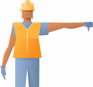 Illustration of a construction worker sporting a yellow hard hat and orange vest, giving a thumbs-down gesture. The worker, associated with a crane rental service, dons blue gloves and clothing against a white background.