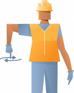 An illustration captures a construction worker in an orange safety vest, blue gloves, and a yellow hard hat. This worker, possibly from a renowned crane rental company, is pointing downward and making a circular motion with their finger.