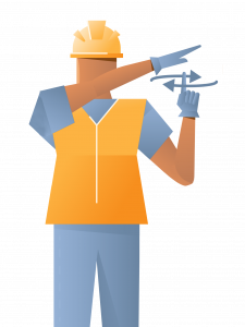 Illustration of a construction worker wearing a yellow hard hat and vest over blue pants, with multiple arms holding tools like a hammer and wrench. This symbolizes multitasking in construction, emphasizing the efficiency often seen in crane rental companies today.