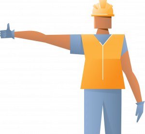 Illustration of a construction worker from a crane rental company, wearing an orange safety vest and hard hat, extending one arm to the side with a thumbs up. The worker is wearing blue gloves and pants, standing against a plain background.