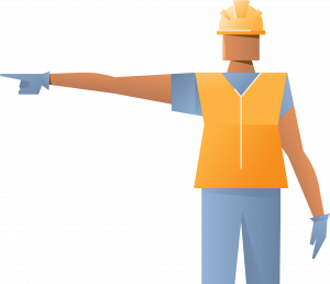 Illustration of a construction worker wearing a yellow hard hat, orange safety vest, blue gloves, and blue pants. The worker is pointing to the left with their right arm fully extended, perhaps directing the positioning of a mobile crane on site.