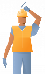 Illustration of a construction worker from a crane rental company, wearing an orange safety vest and yellow hard hat, adjusting the hat with one hand. The worker is also wearing gloves, and the background is plain.