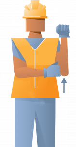 Illustration of a construction worker wearing a yellow hard hat and reflective vest, blue gloves, and blue pants. The worker, representing the local crane company, gestures with one hand on their shoulder while pointing upwards with the other hand at a tattoo on their arm.