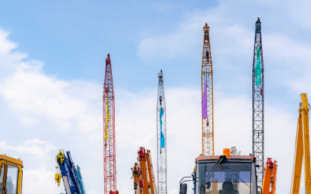 Several colorful construction cranes and machinery are positioned against a blue sky with scattered clouds. The cranes, crucial for operations involving collapsed structures, are painted in bright colors like red, blue, yellow, and orange, creating a striking visual contrast.